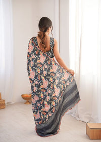 Grey Color Chinon Fabric Digital Print Smart Ethnic Saree