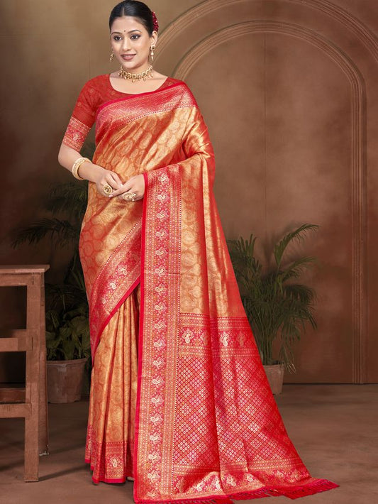 Red With Golden Color Kanjivaram Silk Fabric Woven Designer Graceful Partywear Saree