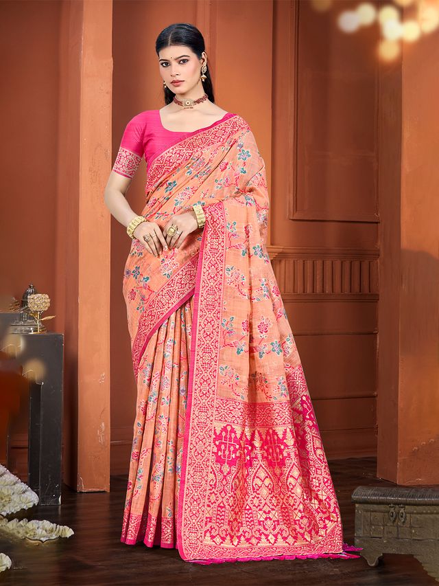 Peach Color Cotton Silk Fabric Woven Meenakari Designer Ethnic Saree