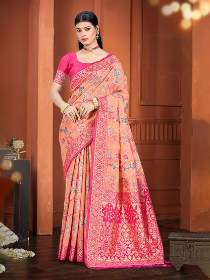 Peach Color Cotton Silk Fabric Woven Meenakari Designer Ethnic Saree