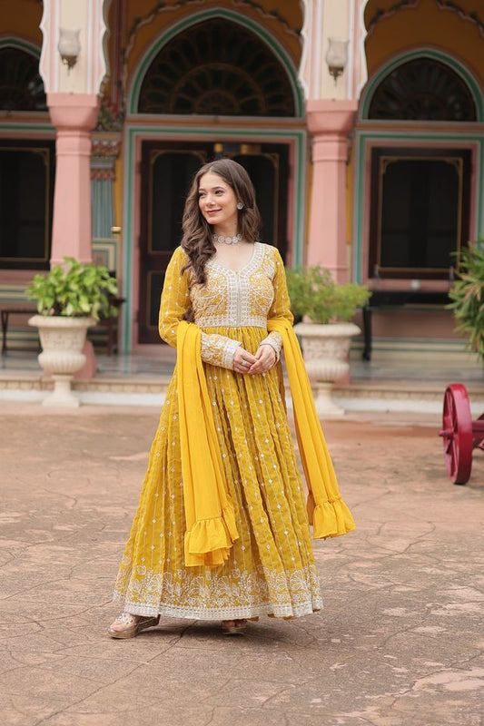 Yellow Color Faux Georgette Fabric Beautiful Ceremonial Suit With Dupatta