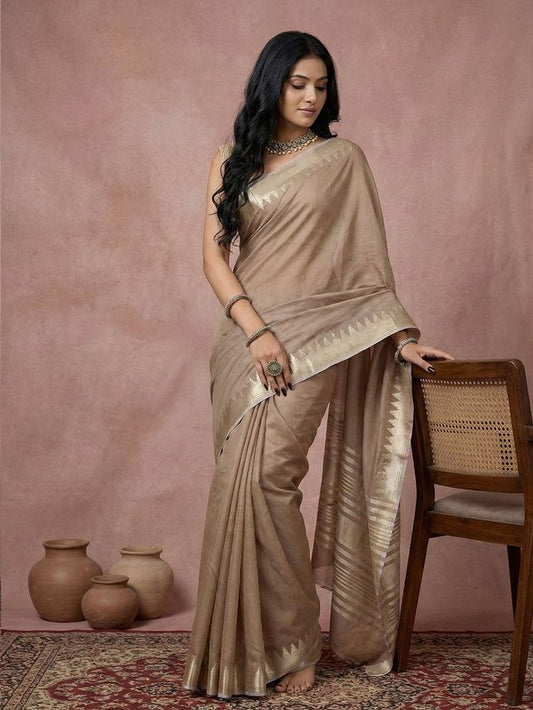Beige Color Blended Cotton Woven Designer Ceremonial Sober Looks Saree