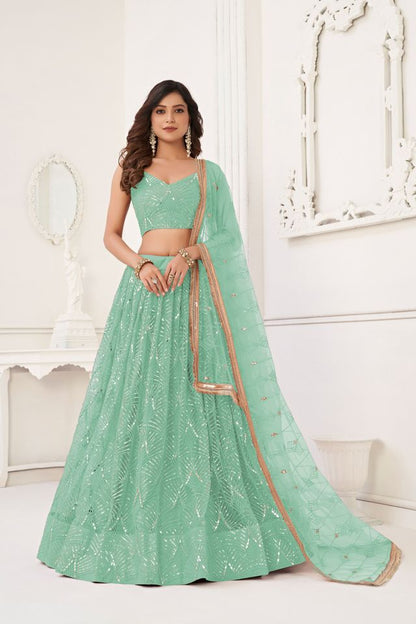Sea Green Color Butterfly Net Fabric Designer Sequins Embroidered Ceremonial Lehenga Choli