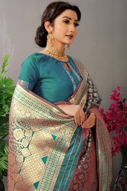 Teal Woven Design Pure Silk Banarasi Saree With Blouse