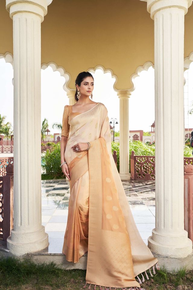 Peach Color Georgette Fabric Heavy Wevon Designer Work Graceful Saree