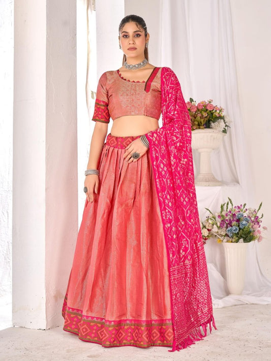 Peach weaving work silk semi stitched lehenga choli