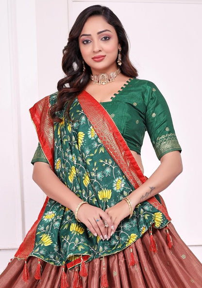 Peach patola print dola silk semi stitched lehenga choli with tassels