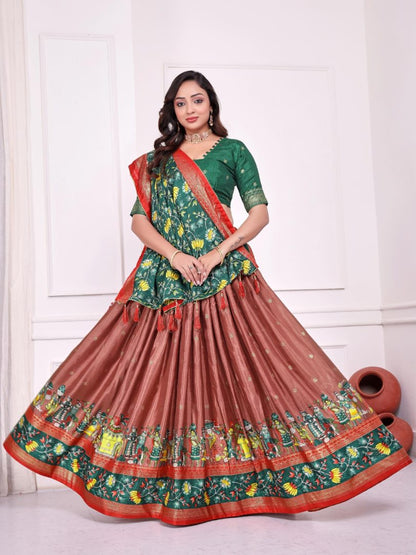 Peach patola print dola silk semi stitched lehenga choli with tassels