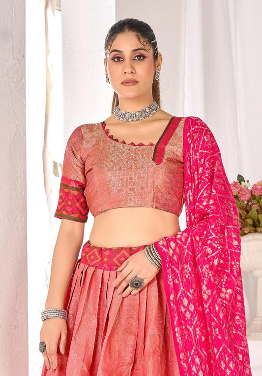 Peach weaving work silk semi stitched lehenga choli