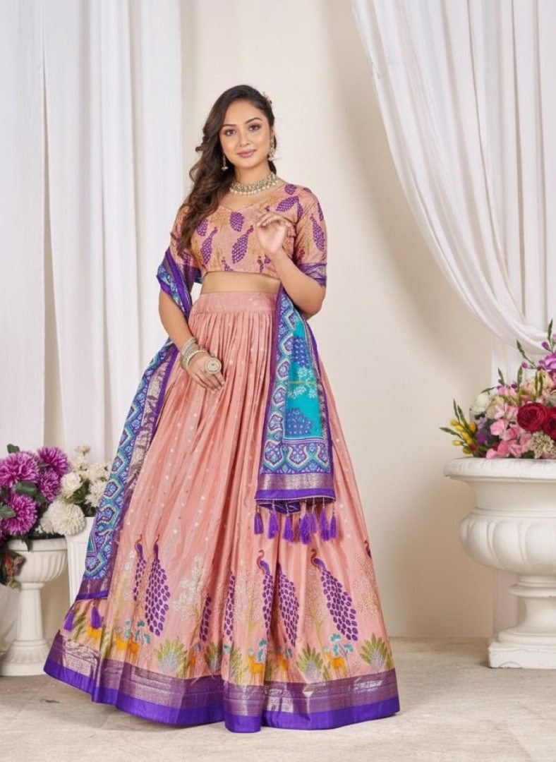 Pink patola print dola silk semi stitched lehenga choli with tassels