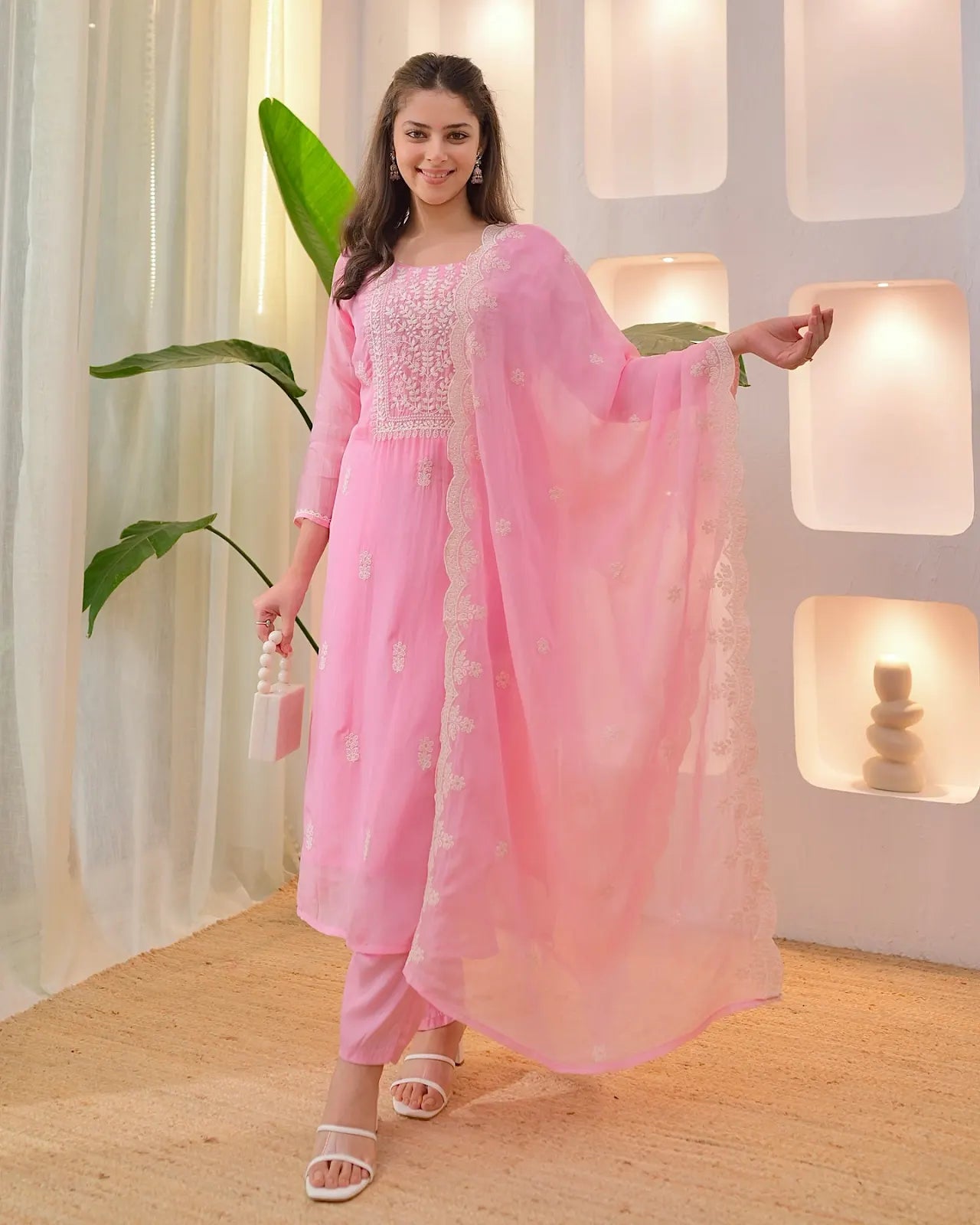 Women's Beautiful Chikankari Work Chanderi Fabric Straight Kurta Pant and Dupatta Set
