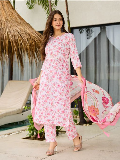 Women Beautiful Printed Silk Blend Fabric with Straight Kurta, Pant and Dupatta Set