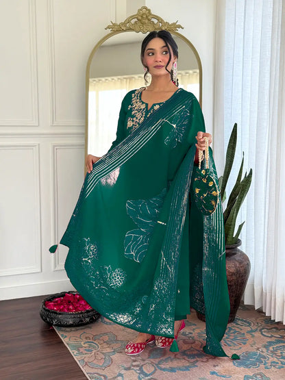 Women Gorgeous Roman Silk Fabric Straight Kurta, Pant and Dupatta Set M