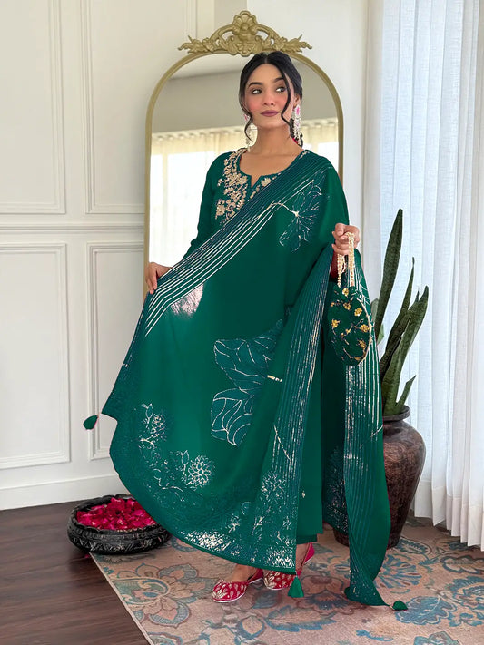 Women Gorgeous Roman Silk Fabric Straight Kurta, Pant and Dupatta Set M