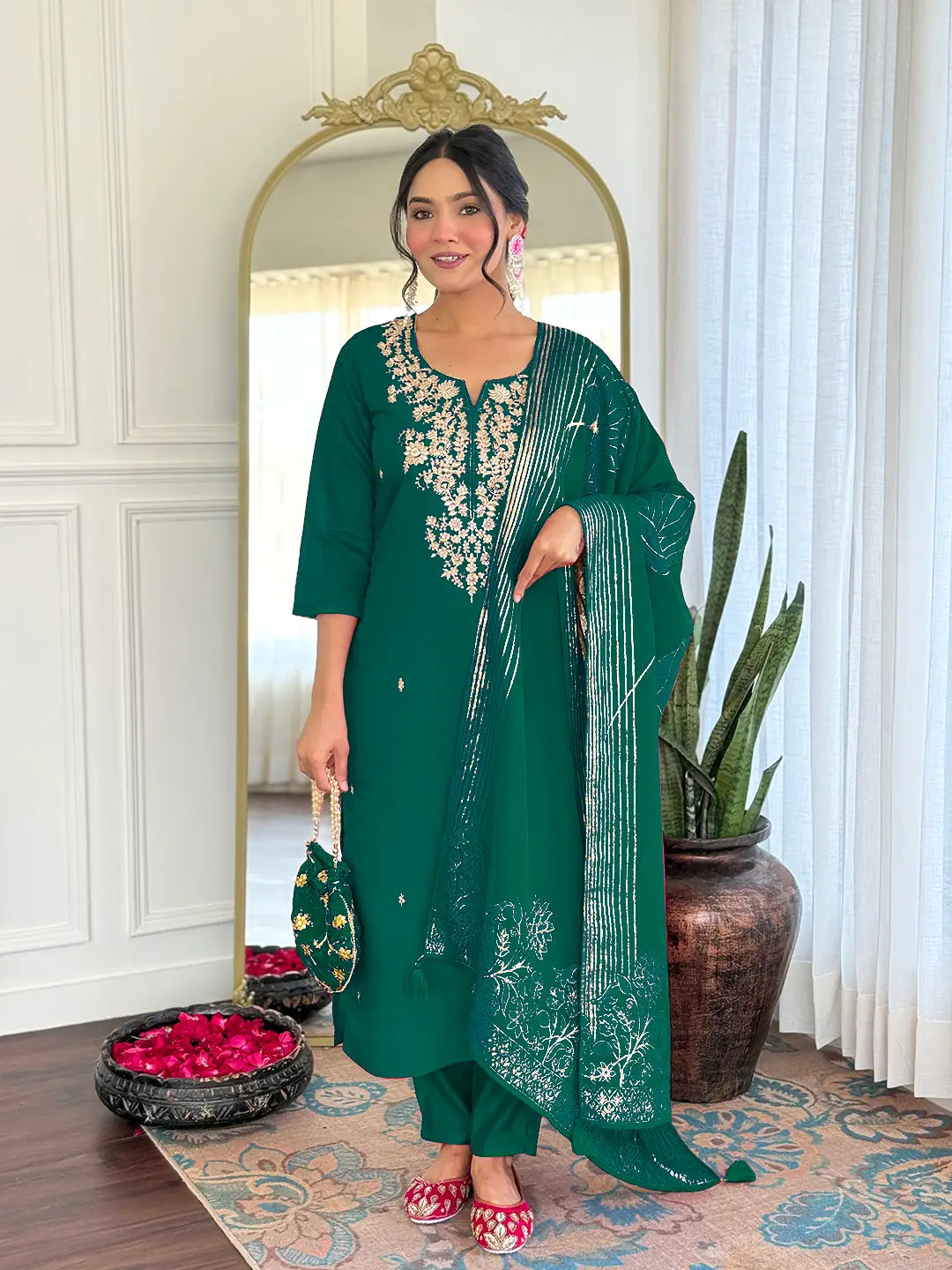 Women Gorgeous Roman Silk Fabric Straight Kurta, Pant and Dupatta Set M