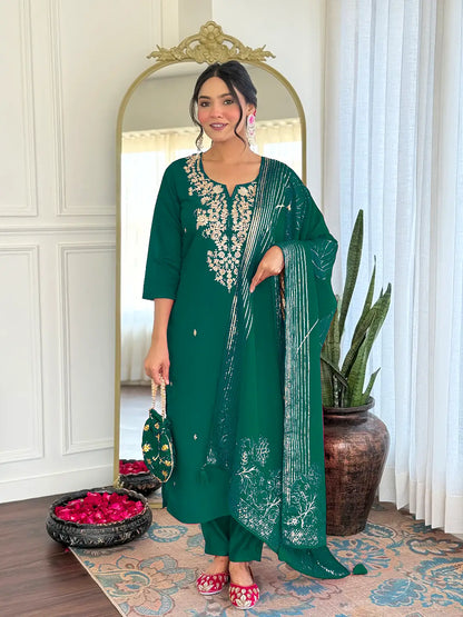Women Gorgeous Roman Silk Fabric Straight Kurta, Pant and Dupatta Set M