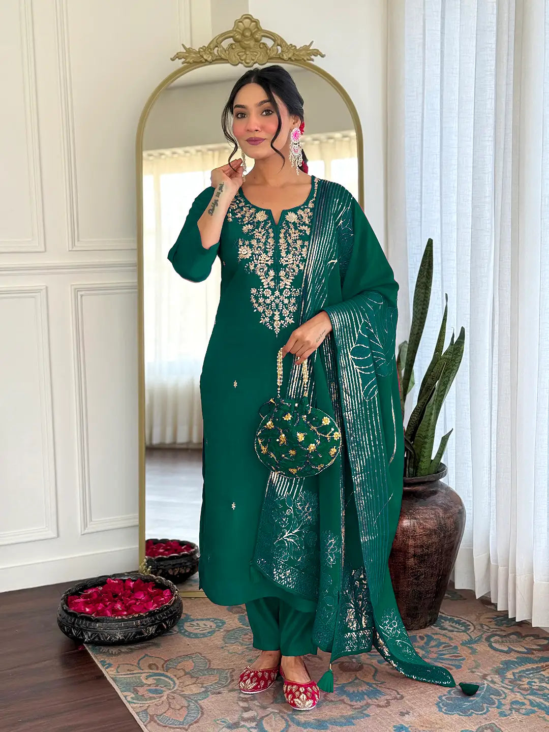 Women Gorgeous Roman Silk Fabric Straight Kurta, Pant and Dupatta Set M