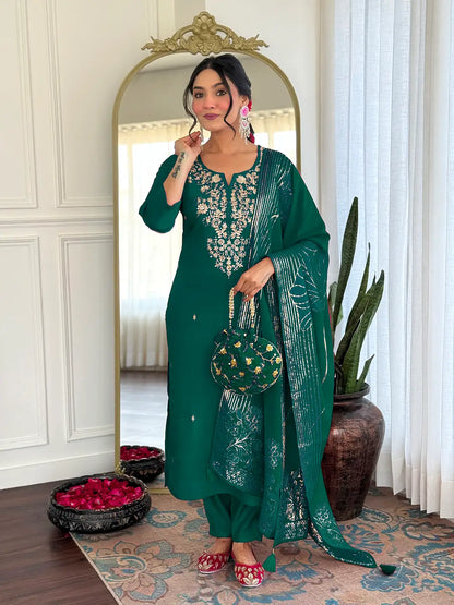 Women Gorgeous Roman Silk Fabric Straight Kurta, Pant and Dupatta Set M