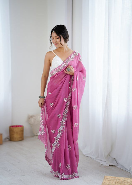 Pink Color Chiffon Crush Fabric Heavy Designer Work Partywear Saree