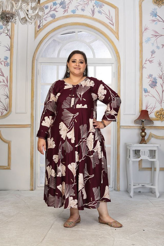 Wine Color Rayon Fabric Designer Printed Plus Size Kurta For Girls