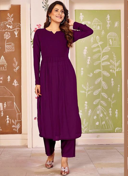 Wine Color Beautiful Solid Printed Georgette Fabric Festive Long Kurta For Girls