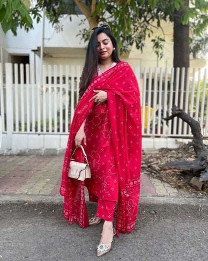 Women's Beautiful Rayon Fabric Printed Work Straight Kurta Pant and Dupatta Set