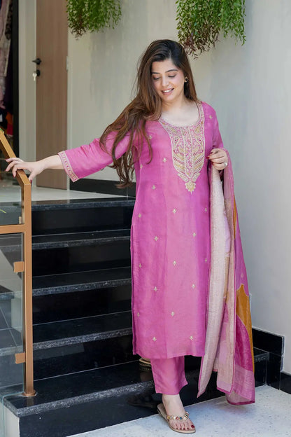 Women's Gorgeous Embroidery Cotton Fabric Stright Kurta Pant with Dupatta Set