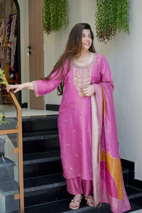 Women's Beautiful Viscose Simmer Fabric Embroidery Work Straight Kurta Pant and Dupatta Set