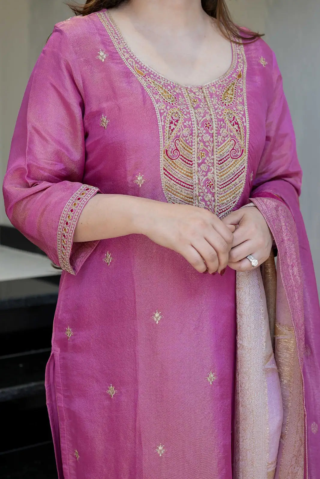 Women's Beautiful Viscose Simmer Fabric Embroidery Work Straight Kurta Pant and Dupatta Set
