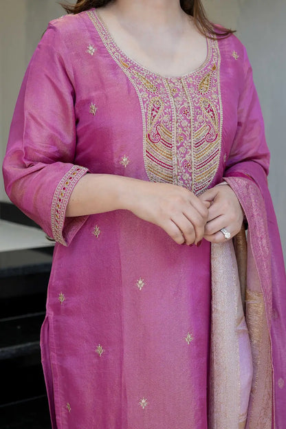Women's Beautiful Viscose Simmer Fabric Embroidery Work Straight Kurta Pant and Dupatta Set
