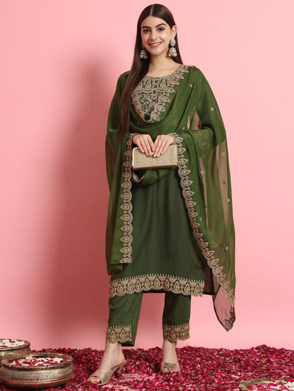 Green Color Designer Embroidered Silk Blend Ethnic Festive Special Suit