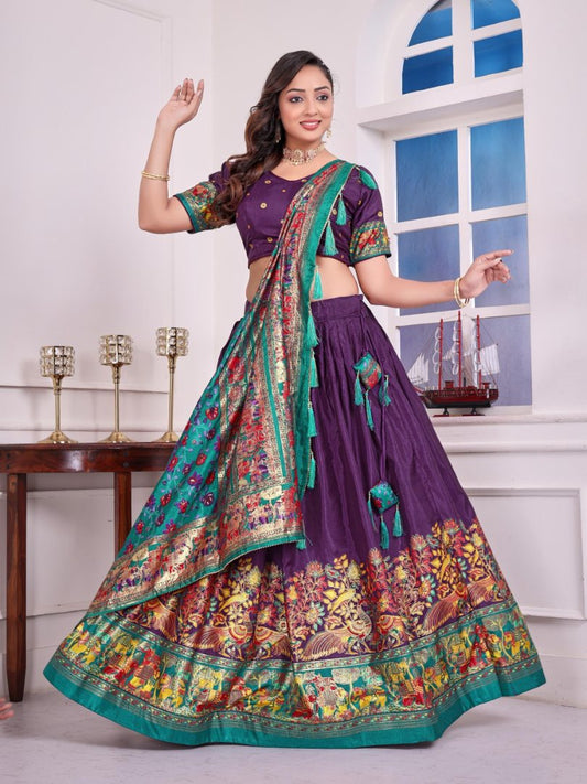 Purple patola print dola silk semi stitched lehenga choli with tassels