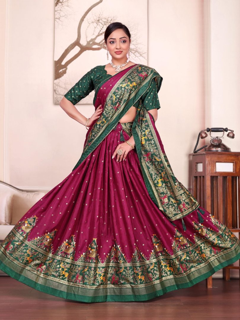 Patola print dola silk semi stitched lehenga choli with tassels