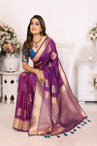 Purple Soft Silk With Zari Weaving Borders Saree With Blouse