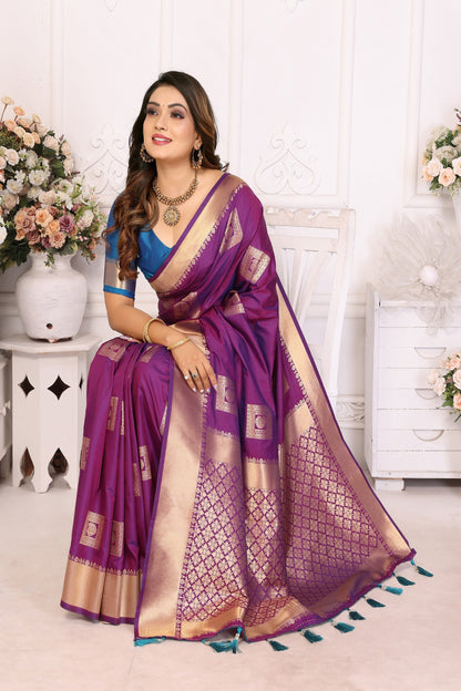 Purple Soft Silk With Zari Weaving Borders Saree With Blouse