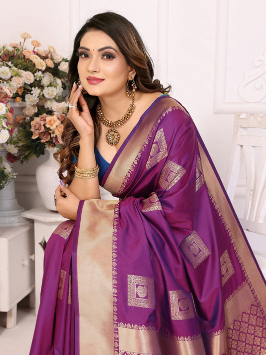 Purple Soft Silk With Zari Weaving Borders Saree With Blouse