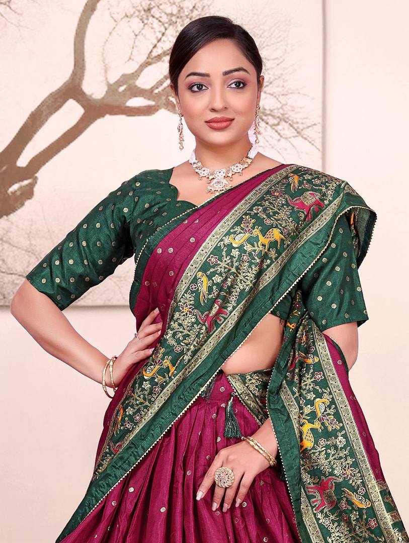 Patola print dola silk semi stitched lehenga choli with tassels