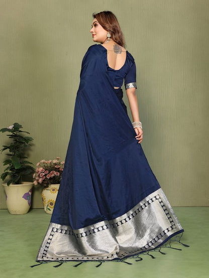 Blue Color Satin Silk Fabric Ethnic Woven Lagdi Pallu Designer Saree