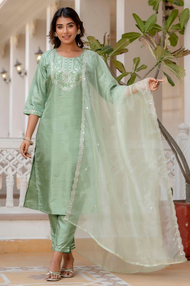 Pista Color Designer Embroidered Silk Blend Ethnic Festive Special Suit