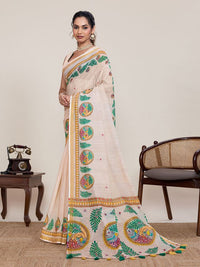 Cream Color Linen Silk Fabric Ethnic Partywear Saree