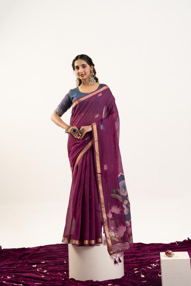 Wine Color Muga Cotton Fabric Rajwadi Weaving Designer Ethnic Classic Saree