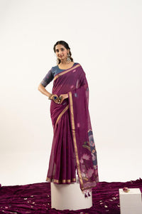 Wine Color Muga Cotton Fabric Rajwadi Weaving Designer Ethnic Classic Saree