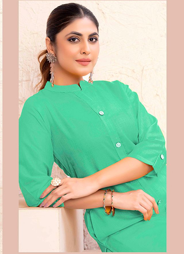 Sea Green Color Magic Cotton Fabric Solid Designer Formal Girlie Kurta