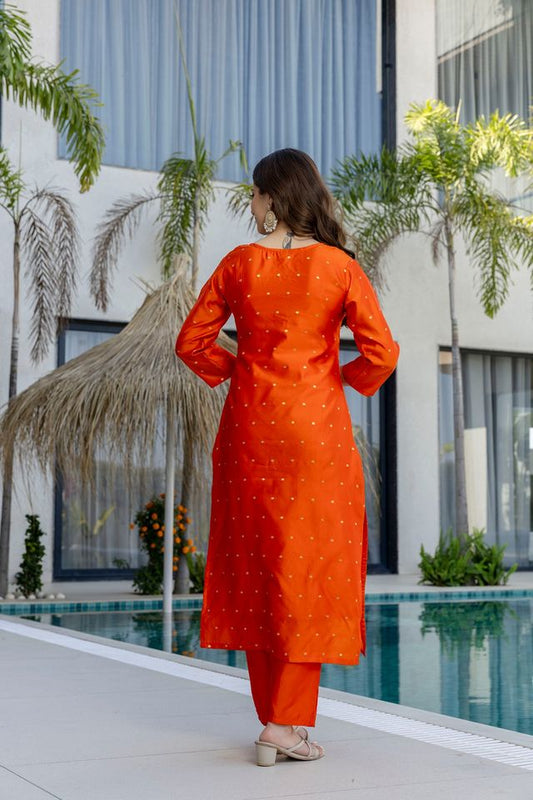 Orange Color Beautiful Readymade Dress On Jacquard Silk Fabric For Graceful Girlie Looks