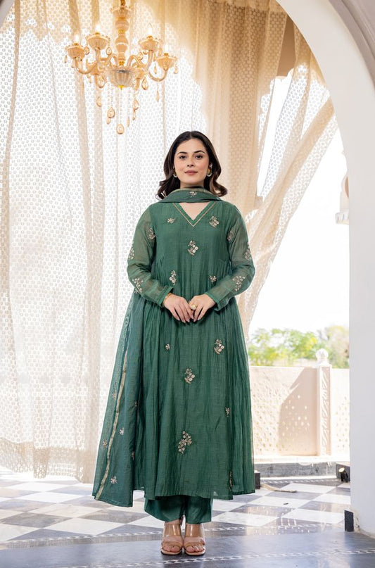 Green Color Chanderi Fabric Beautiful Partywear Dress For Girls