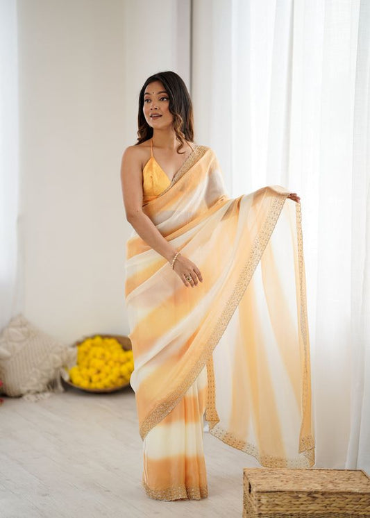 Yellow Color Beautiful Fendy Satin Fabric Saree With Glamorous Zarkan Diamond Work