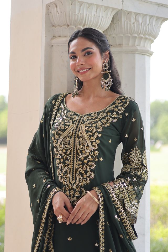 Green Color Faux Georgette Fabric Sequins Embroidered Wedding Ceremonial Sharara Suit