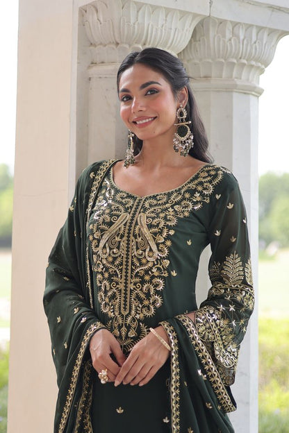 Green Color Faux Georgette Fabric Sequins Embroidered Wedding Ceremonial Sharara Suit