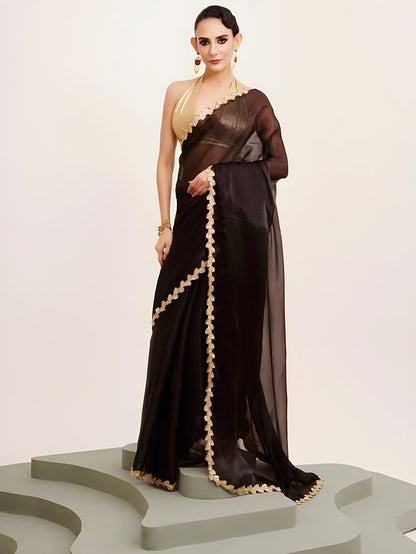 Black Color Jimmy Choo Fabric Saree With Sequance Codding Lace Border Ethnic Girlie Saree