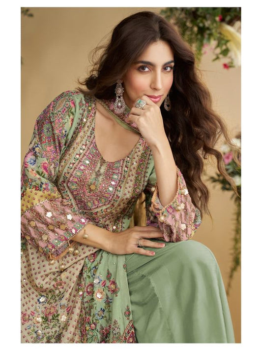 Pastel green Heavy Crepe Digital Print Full Stitched Palazzo Suits